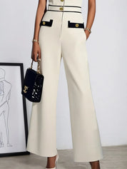 Women Off White Buckle Lapel Collar Sleeveless Dressy Jumpsuit
