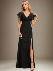 Sheath/Column V-Neck Floor-Length Chiffon Dress With Pleated Sequins Beading