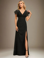 Sheath/Column V-Neck Floor-Length Chiffon Dress With Pleated Sequins Beading