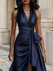 Midnight Elegance Satin Halter Ruffle Gown