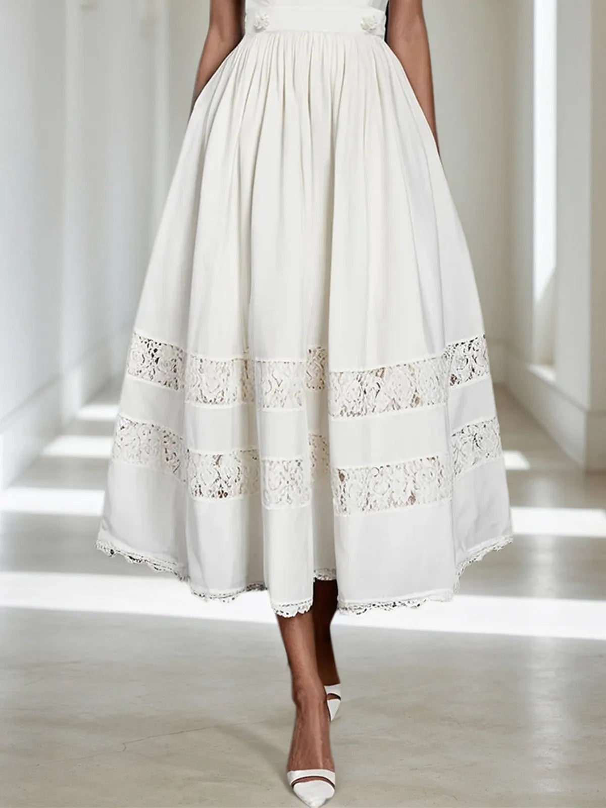 White Lace Beaded Spaghetti Sleeveless A-Line Midi Dress