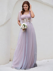 Pink Tulle A Line Spaghetti Straps Sleeveless Floor Length Bridesmaid Dress With Applique