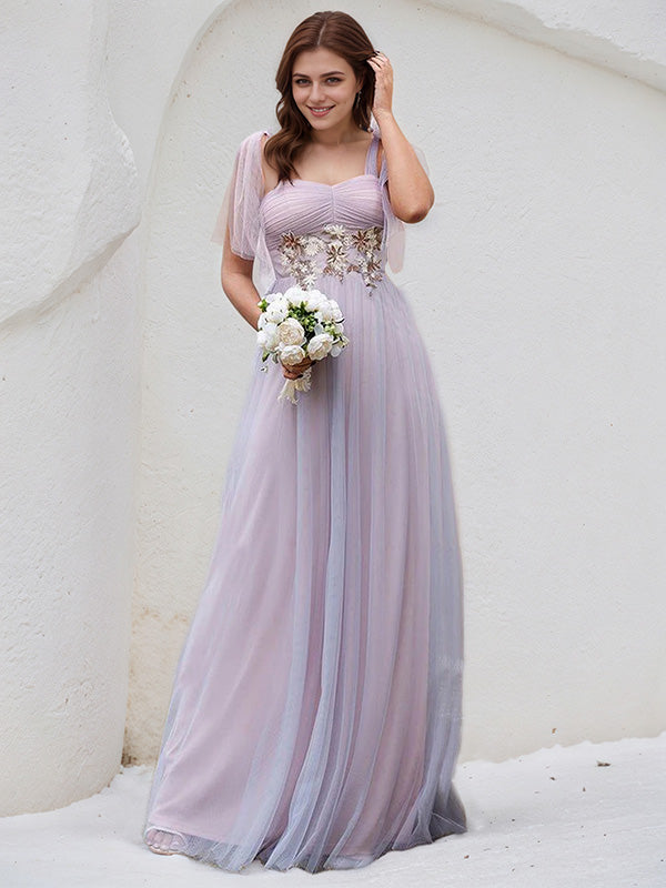 Pink Tulle A Line Spaghetti Straps Sleeveless Floor Length Bridesmaid Dress With Applique