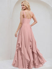 Dusty Rose Chiffon A Line Spaghetti Straps Floor Length Bridesmaid Dress With Cascading Ruffles