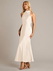 Cream Satin A Line Halter Neck Sleeveless Ankle Length Bridesmaid Dress