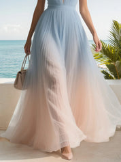 Light Blue Pleated Chiffon Halter Sleeveless A-Line Maxi Dress