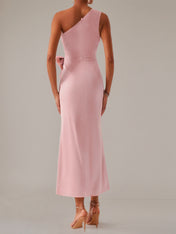 Pink Sheath/Column Satin One Shoulder Sleeveless Ankle Length Dresses With Bow