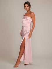 Pale Pink Satin Sheath/Column One Shoulder Ankle Length Bridesmaid Dresses