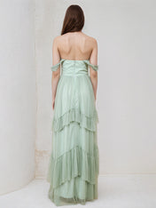 A Line Sage Tulle Off the Shoulder Sleeveless Floor Length Dress With Ruffles