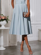 Light Blue Lace V Neck Sleeveless A-Line Midi Dress