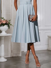 Light Blue Lace V Neck Sleeveless A-Line Midi Dress