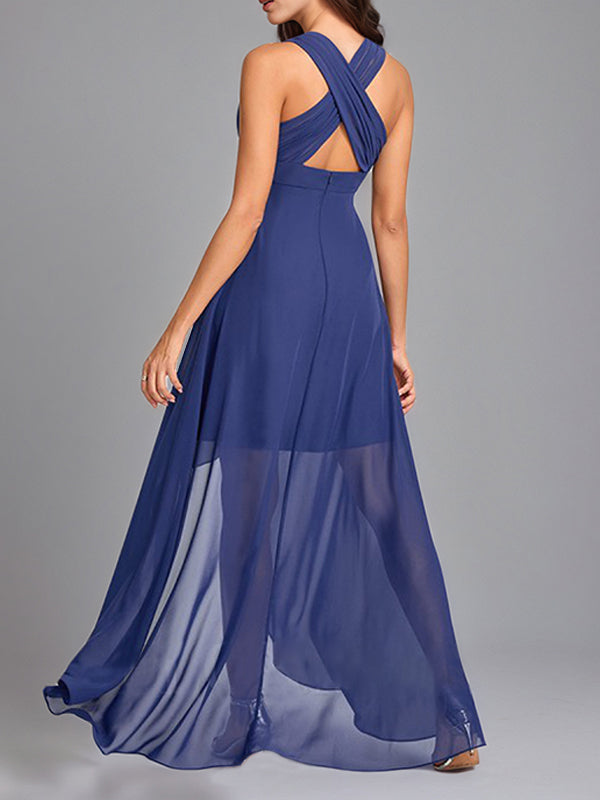 Navy Blue A-Line V-neck Asymmetrical Sleeveless Chiffon Bridesmaid Dress