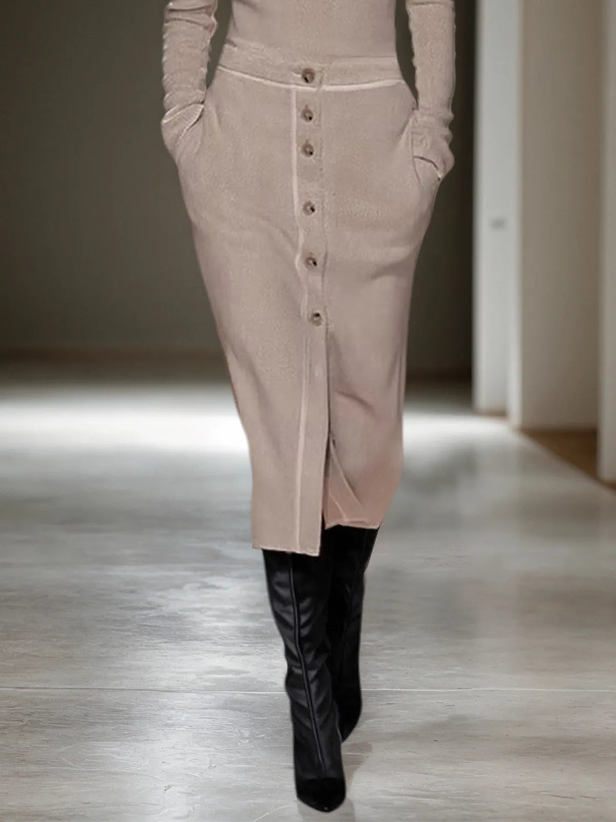 Khaki Buckle Off The Shoulder Long Sleeve Sheath Midi Sweater Dress