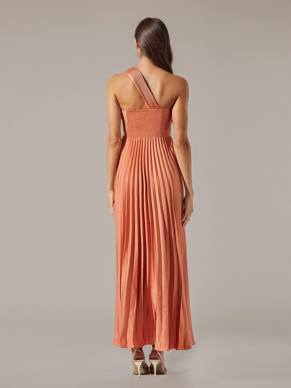 Coral Satin A Line One Shoulder Pleated Floor Length Dress