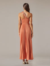 Coral Satin A Line One Shoulder Pleated Floor Length Dress