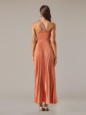 Coral Satin A Line One Shoulder Pleated Floor Length Dress