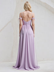 Lilac A Line Chiffon Spaghetti Straps Sleeveless Floor Length Dress With Bow