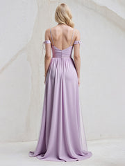 Lilac A Line Chiffon Spaghetti Straps Sleeveless Floor Length Dress With Bow