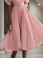 Pink Pleated Lace V Neck A-Line Midi Chiffon Dress