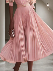 Pink Pleated Lace V Neck A-Line Midi Chiffon Dress