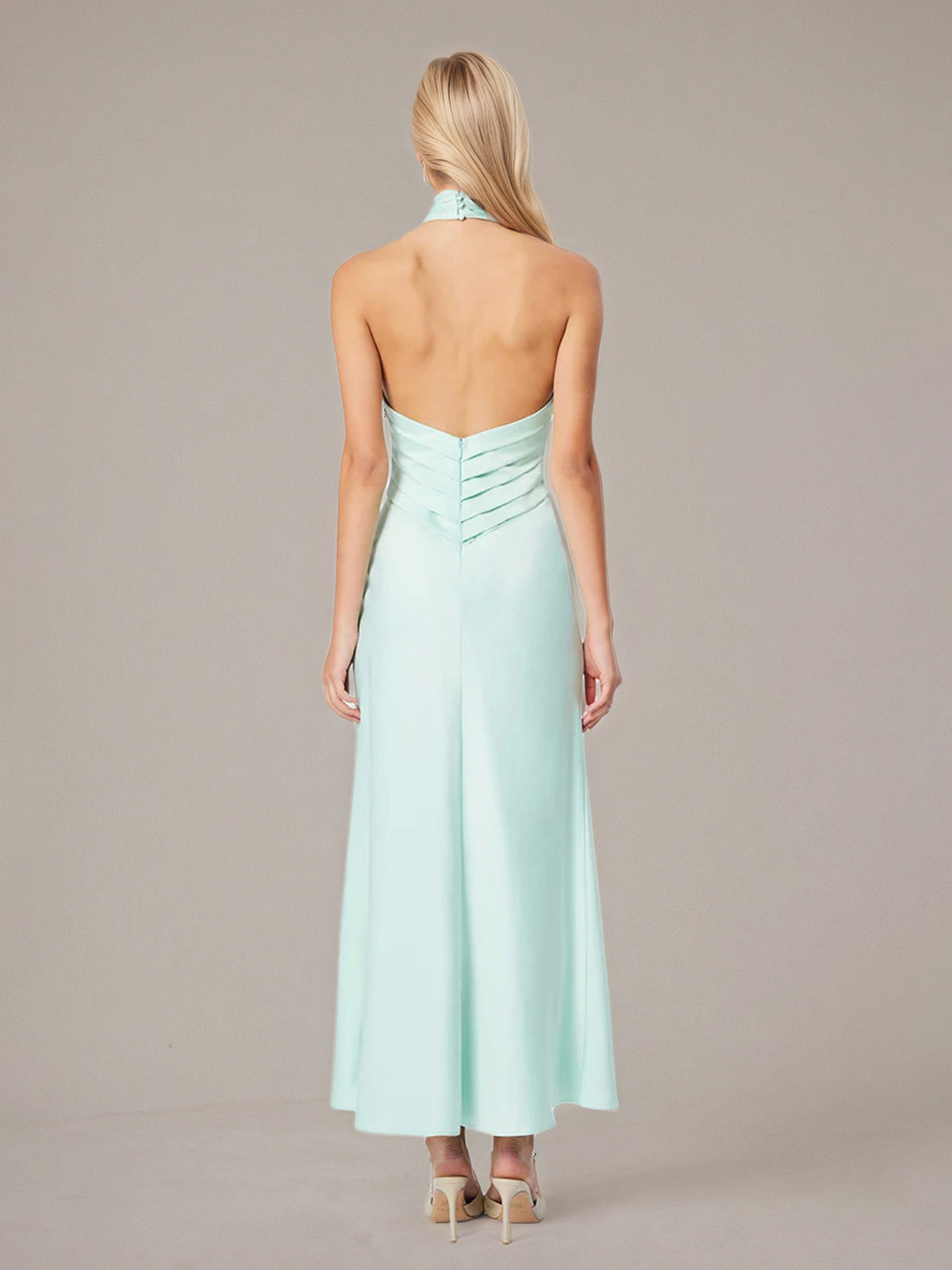 Mint Sheath/Column Satin Halter Neck Sleeveless Floor Length Dress