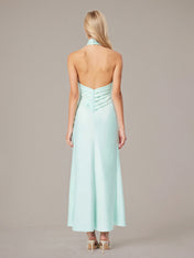 Mint Sheath/Column Satin Halter Neck Sleeveless Floor Length Dress