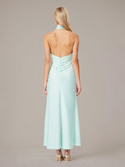 Mint Sheath/Column Satin Halter Neck Sleeveless Floor Length Dress