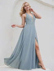 Dusty Blue Chiffon A Line V Neck Sleeveless Floor Length Bridesmaid Dress With Appliques