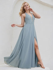 Dusty Blue Chiffon A Line V Neck Sleeveless Floor Length Bridesmaid Dress With Appliques