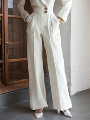 White Tweed Buckle Pocket Stitching Lapel Collar Wide-Leg Jumpsuit