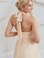 Champagne Chiffon A Line Halter Neck Floor Length Bridesmaid Dress
