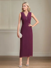 Sheath/Column Chiffon V Neck 3/4 Sleeves Tea Length Mother Of The Bride Dress