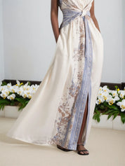 Blue Buckle Knot Front Shirt Dress Shirt Collar Sleeveless A-Line Maxi Dress