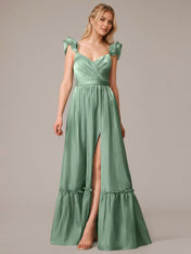 Green A Line V Neck Sleeveless Floor Length Dresses With Ruffles