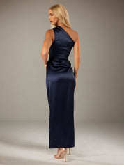 Navy Satin Sheath/Column One Shoulder Sleeveless Floor Length Bridesmaid Dress