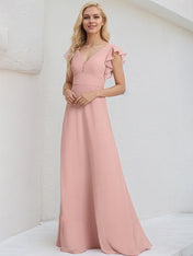 Dusty Rose Chiffon A Line V Neck Floor Length Bridesmaid Dress With Ruffles
