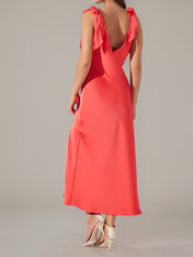 Coral Satin A Line V Neck Sleeveless Ankle Length Dress