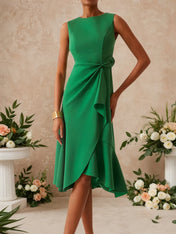 Green Commuting Sleeveless Boat Neck Plain A-line Midi Dress