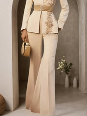 Women Apricot Applique V Neck Long Sleeve Two-Piece Set With Belt