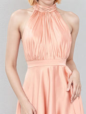 Salmon Satin A Line Halter Neck Sleeveless Ruched Asymmetrical Bridesmaid Dress