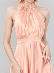 Salmon Satin A Line Halter Neck Sleeveless Ruched Asymmetrical Bridesmaid Dress