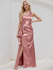 Desert Rose Satin A Line One Shoulder Floor Length Bridesmaid Dress With Ruffle