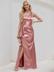 Desert Rose Satin A Line One Shoulder Floor Length Bridesmaid Dress With Ruffle