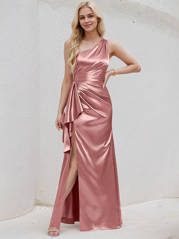 Desert Rose Satin A Line One Shoulder Floor Length Bridesmaid Dress With Ruffle