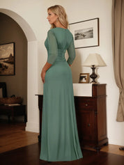 A Line V Neck 3/4 Sleeve Floor Length Chiffon Mother of the Bride Dress