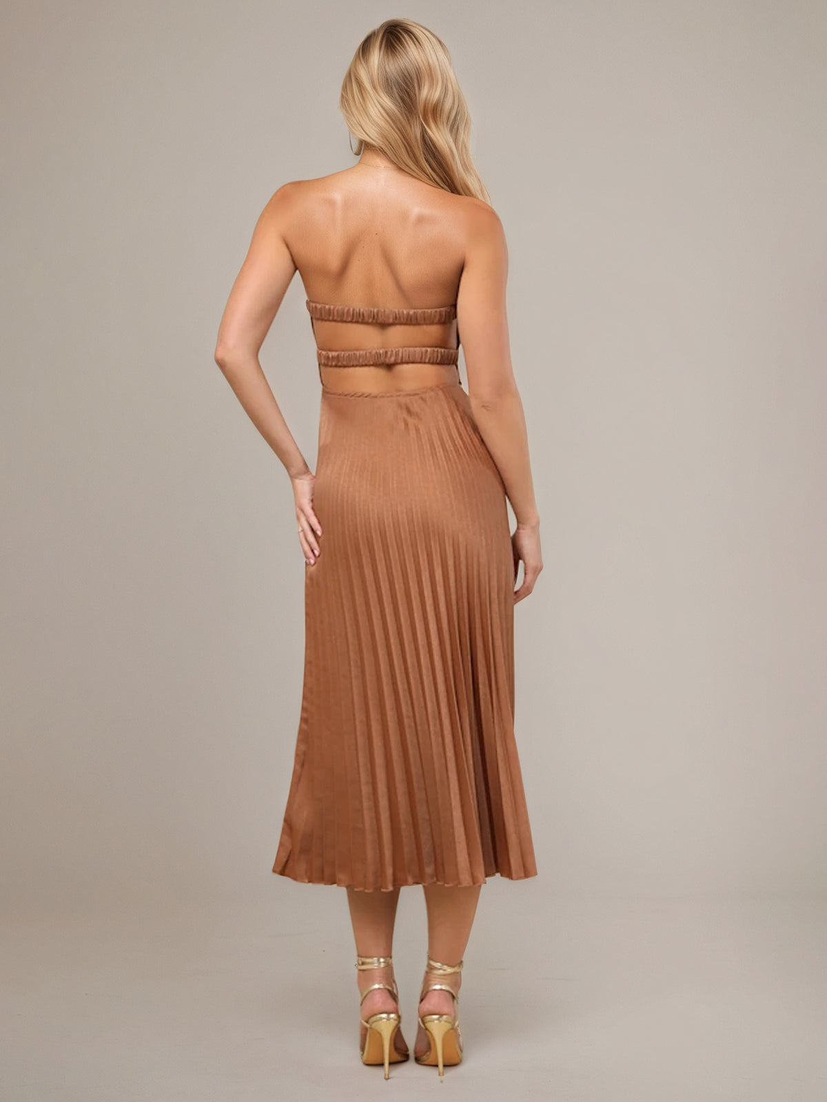 Light Brown Satin A Line Sweetheart Sleeveless Tea Length Bridesmaid Dress
