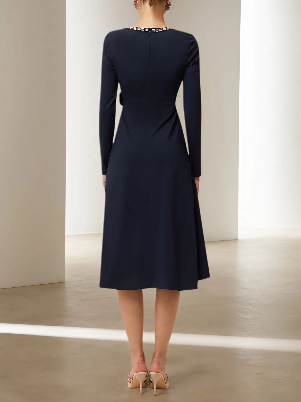 Navy Blue Rhinestone A-Line Midi Dress