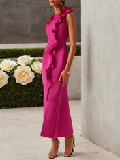 Rose Red Ruffled One-Shoulder Slit A-Line Maxi Dress
