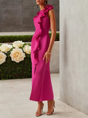 Rose Red Ruffled One-Shoulder Slit A-Line Maxi Dress