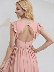 Dusty Rose Chiffon A Line V Neck Sleeveless Floor Length Bridesmaid Dress With Ruffle